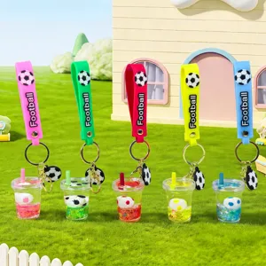 Silicone football strap and liquid acrylic cup keychain pendant, colorful toy gift.