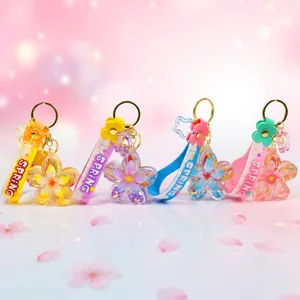 Süße Sakura Flüssigkeit Treibsand Schlüsselanhänger Acryl Kirschblüte Schwimmende Flasche Tasche Anhänger Auto Schlüsselring Für Damen Mädchen Geschenk