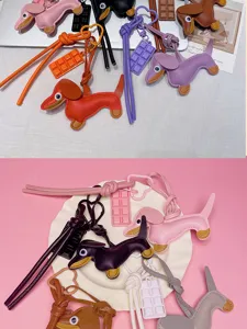 Cute leather dachshund dog bag charm with chocolate pendant creative DIY keychain lanyard accessory