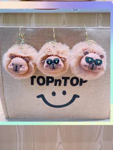 Cute capybara plush pompom keychain bag charm with sunglasses and golden hook pink style.