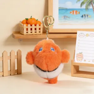 Detailed close-up view of a cute clownfish plush keychain, soft marine animal bag charm.