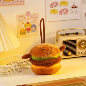 Cute burger plush toy pendant, creative sandwich stuffed doll keychain for bags and keys.
