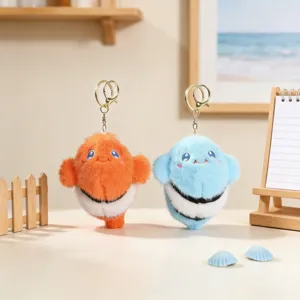 Cute clownfish plush keychain set, soft fluffy sea animal backpack pendant and bag charm.
