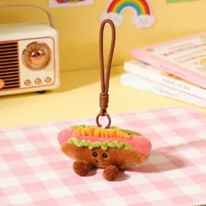 Cute hot dog plush toy keychain detail shot, fluffy stuffed pendant for bags or keys.