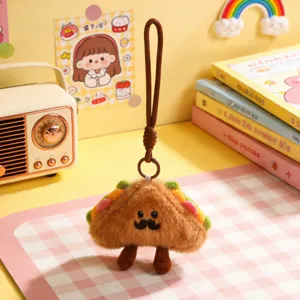 Detailed view of a cute plush taco keychain featuring little legs and a sweet mustache.