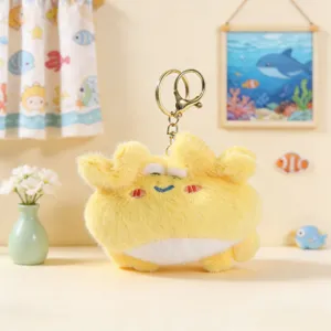 Pluche krab sleutelhanger detail, zachte gele dierentas hanger voor sleutels en tas decoratie.