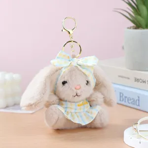 Cute plush bunny rabbit keychain pendant, soft stuffed animal bag charm with plaid dress.