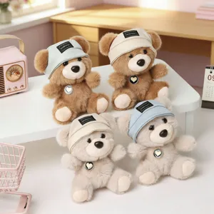 Cute plush bear pendant stuffed animal toy with cap and heart necklace, soft keychain charm.