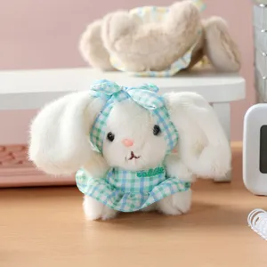 Cute white plush rabbit doll pendant, fluffy soft texture, blue checkered dress detail.