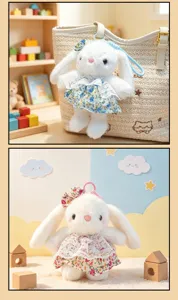Süßes Hasen Plüschtier Anhänger mit Blumenkleid, ideal als Taschen Deko und Schlüsselanhänger.