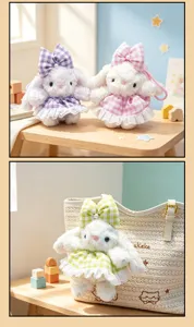 Cute plush rabbit pendant with plaid dress and bow, soft stuffed animal keychain for bags.