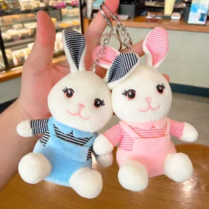 Cartoon Pluche Konijn Sleutelhanger Gestreepte Overall Knuffeldier Pop Auto Sleutelring Tas Hanger Schattig Ornament Voor Koppels