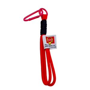Red braided paracord keychain with pink carabiner and woven label tag for keys and bags.