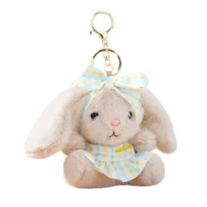 Cute plush rabbit keychain fluffy bunny toy bag pendant with plaid dress accessory