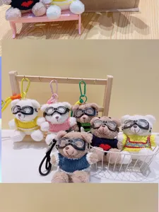 Cute plush goggle bear keychain, trendy backpack pendant and toy key ring for daily use.