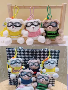 Cute plush bear keychain with aviator goggles cartoon backpack bag pendant toy gift
