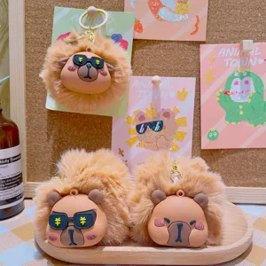 Cute Capybara plush keychain with sunglasses fuzzy ball backpack charm for cute everyday accessories