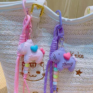 Cute resin pony keychain bag charm with heart and beads, sweet style pink purple bag pendant.