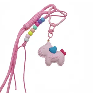 Cute pink resin pony lanyard keychain, colorful beads bag charm, stylish bag pendant accessory.