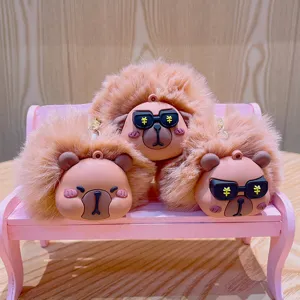 Adorably fluffy capybara plush keychain bag pendant with stylish sunglasses accessory.
