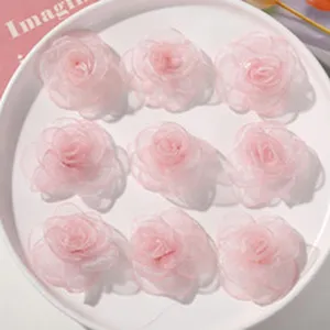 Détails de fleurs en organza rose, accessoire de bricolage DIY fait main pour cheveux.