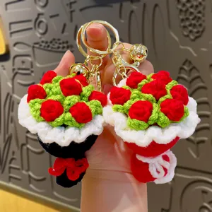 Handgemachter Häkel-Rosenstrauch Schlüsselanhänger, süße Mini-Blumen Deko für Tasche und Geschenke.