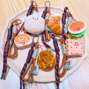 Cute plush food keychain set with bread and burger designs, perfect bag charm and gift option.