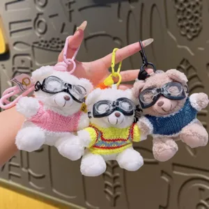 Cute plush bear keychain set with stylish goggles and knitted sweaters, perfect bag charm gift.
