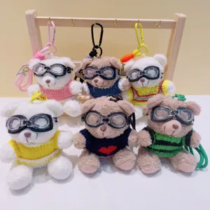 Cute plush bear keychain with goggles and sweater, cartoon bag pendant backpack accessory gift
