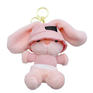 Süßer Plüsch Hase Schlüsselanhänger mit Anglerhut, rosa Stofftier Tasche Anhänger Geschenk.
