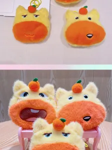 Cute capybara plush coin purse keychain with funny orange decor, soft plush toy bag pendant.