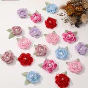 DIY mesh flower hair accessory craft supplies with pearl and green leaves for handmade.