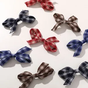 Plaid fabric bow hair clips set, vintage preppy style hair accessories for women and girls.