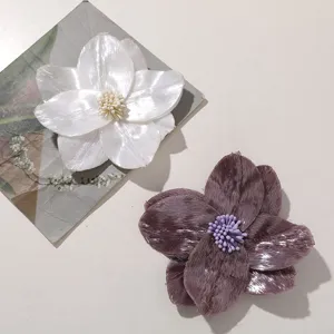 Fabric gardenia flower detail, glossy silk floral accessory for DIY brooches and hair clips.
