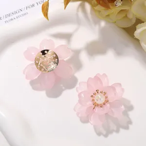 Pink glass flower charms DIY handmade jewelry accessories for earrings hair clip detail view