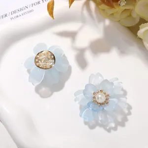 Blue flower DIY jewelry accessories detail shot, resin floral charms for crafting items.
