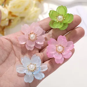 Resin flower DIY accessories with faux pearl center, colorful handmade jewelry craft parts.