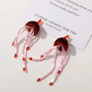 Sweet fairy jellyfish tassel beaded earrings detail, unique handmade DIY jewelry.