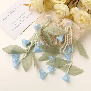 Fairy style forest green leaf sheer gauze lily of the valley beaded tassel earrings for women spring