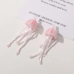 Pink jellyfish beaded pendant earrings DIY handmade tassel accessories fashion jewelry cute gift