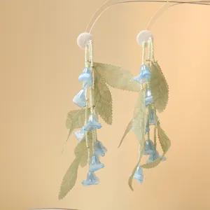 Fairy bell orchid tassel earrings accessories, green leaves and blue beads for DIY jewelry.