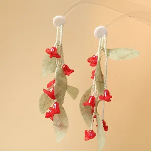 Fairy style red bell flower green leaf tulle tassel earrings DIY spring summer jewelry