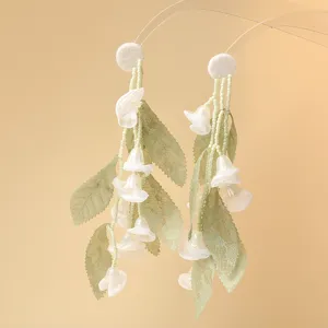 Fairy forest green leaf sheer gauze lily of the valley tassel earrings sweet floral ear accessories.