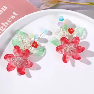 Handcrafted red floral hair clip crystal beaded hairpin Chinese Hanfu hair accessories