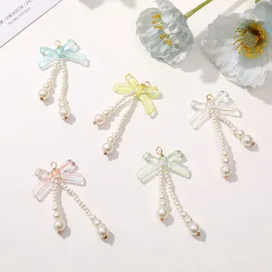 Women Fashion Long Artificial Pearl Pendant Iridescent Bowknot Handmade Beaded Earring Hair Clip DIY Accessories Jewelry Gift