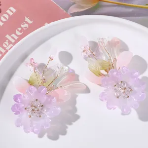 Exquisite handmade crystal flower hair accessories detail, elegant purple floral design for DIY styling.