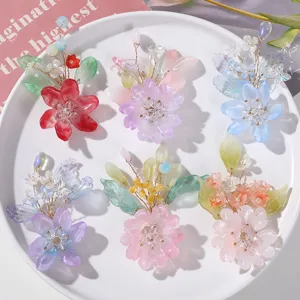 Handmade crystal flower hair clips DIY beaded hair accessories for Hanfu styling and crafts.