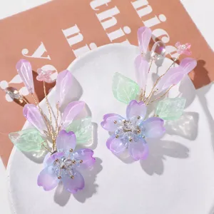 Handmade crystal flower hair clips, purple floral hairpin accessories for DIY crafts.