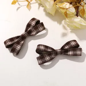 Korean retro plaid ribbon hair clips set, cute preppy style fabric bow hair accessories for daily wear.