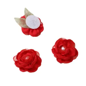 Red mesh fabric flower DIY handmade hair clips accessories clothing decoration 3pcs set